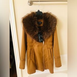 Women's Tan Faux Fur Collar Coat